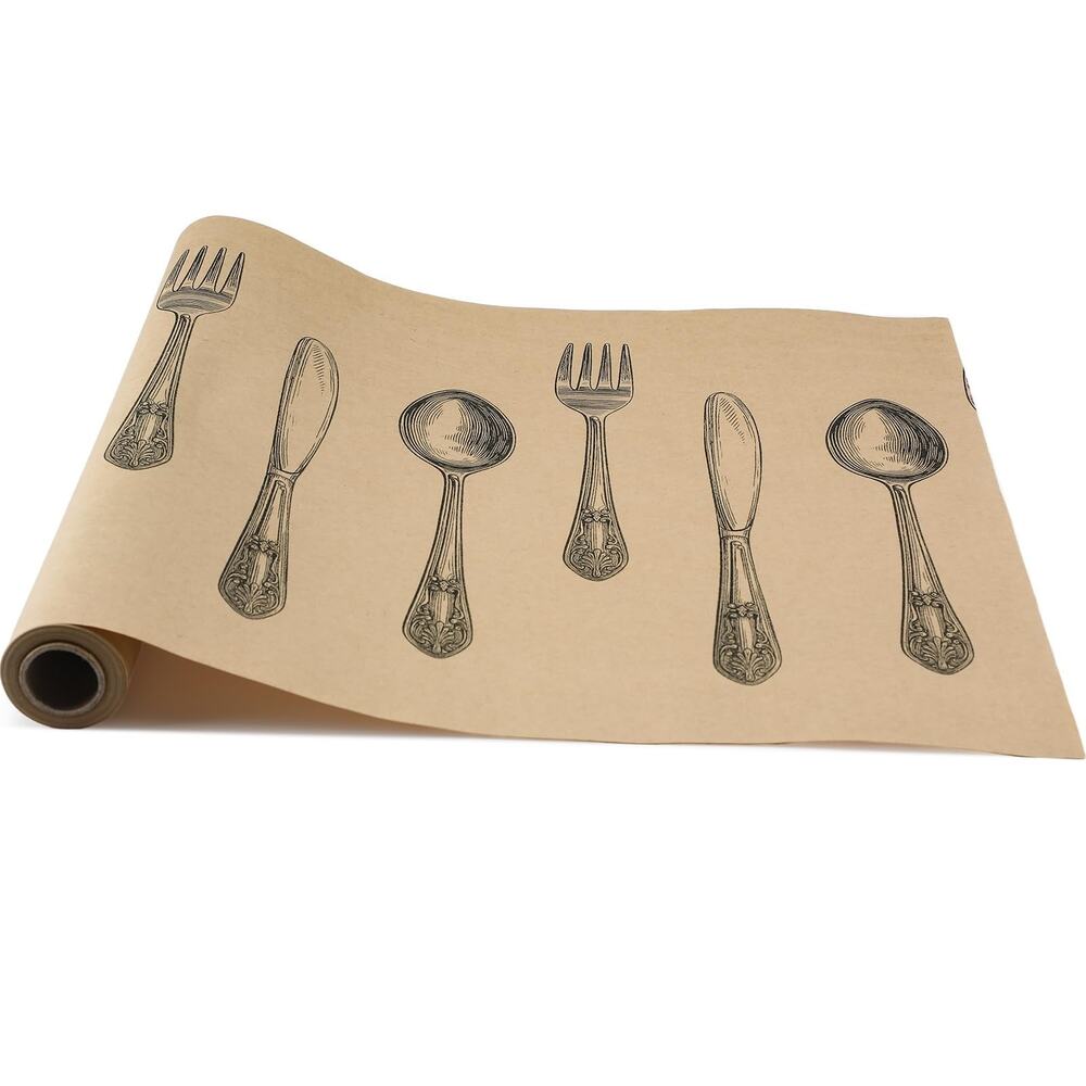 25'x16" Paper Table Runner Roll Cutlery Utensil Print Holiday Party Dining Kraft